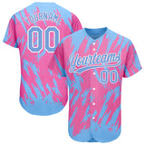 Custom Pink Light Blue-White 3D Pattern Design Authentic Baseball Jersey