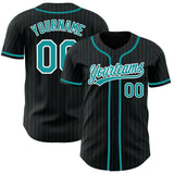 Custom Black Teal Pinstripe Teal-White Authentic Baseball Jersey