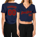 Custom Women's Navy Red-Old Gold V-Neck Cropped Baseball Jersey