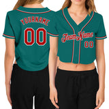 Custom Women's Aqua Red-White V-Neck Cropped Baseball Jersey