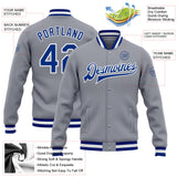 Custom Gray Royal-White Bomber Full-Snap Varsity Letterman Jacket