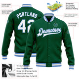 Custom Kelly Green White-Light Blue Bomber Full-Snap Varsity Letterman Jacket