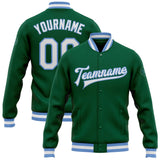 Custom Kelly Green White-Light Blue Bomber Full-Snap Varsity Letterman Jacket