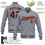 Custom Gray Navy-Orange Bomber Full-Snap Varsity Letterman Jacket