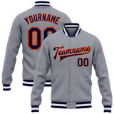 Custom Gray Navy-Orange Bomber Full-Snap Varsity Letterman Jacket