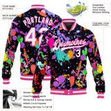 Custom Graffiti Pattern White-Pink Splashe 3D Bomber Full-Snap Varsity Letterman Jacket