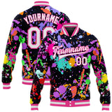 Custom Graffiti Pattern White-Pink Splashe 3D Bomber Full-Snap Varsity Letterman Jacket