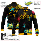 Custom Graffiti Pattern Black-Gold 3D Bomber Full-Snap Varsity Letterman Jacket