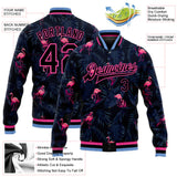 Custom Black Black Pink-Light Blue Hawaii Palm Trees And Flamingo 3D Pattern Design Bomber Full-Snap Varsity Letterman Jacket