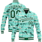 Custom Aqua Kelly Green-White Hawaii Palm Trees 3D Pattern Design Bomber Full-Snap Varsity Letterman Jacket