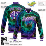 Custom Tie Dye Purple-White Rainbow 3D Bomber Full-Snap Varsity Letterman Jacket