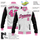 Custom White Pink-Black Bomber Full-Snap Varsity Letterman Two Tone Jacket