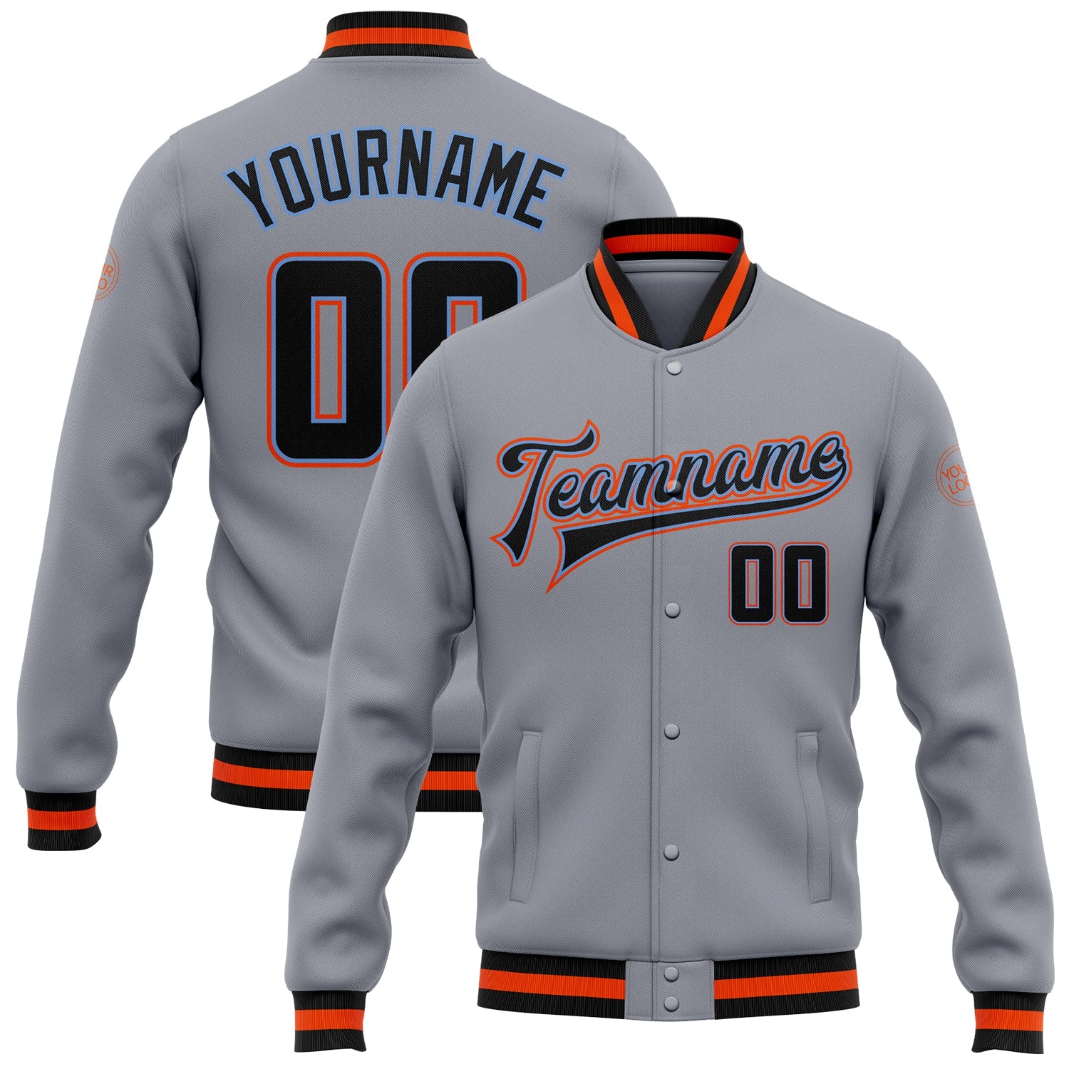 Custom Royal Orange-Black Bomber Full-Snap Varsity Letterman Two