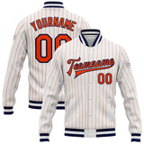 Custom White Orange Pinstripe Orange-Navy Bomber Full-Snap Varsity Letterman Jacket