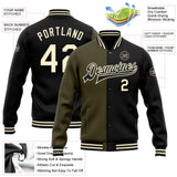 Custom Black Cream-Olive Bomber Full-Snap Varsity Letterman Split Fashion Jacket