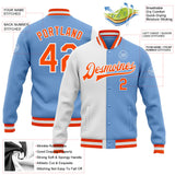 Custom Light Blue Orange-White Bomber Full-Snap Varsity Letterman Split Fashion Jacket