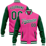 Custom Pink Kelly Green-White Bomber Full-Snap Varsity Letterman Two Tone Jacket