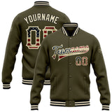 Custom Olive Vintage USA Flag Cream-Black Bomber Full-Snap Varsity Letterman Salute To Service Jacket