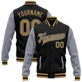 Custom Black Old Gold-Gray Bomber Full-Snap Varsity Letterman Two Tone Jacket