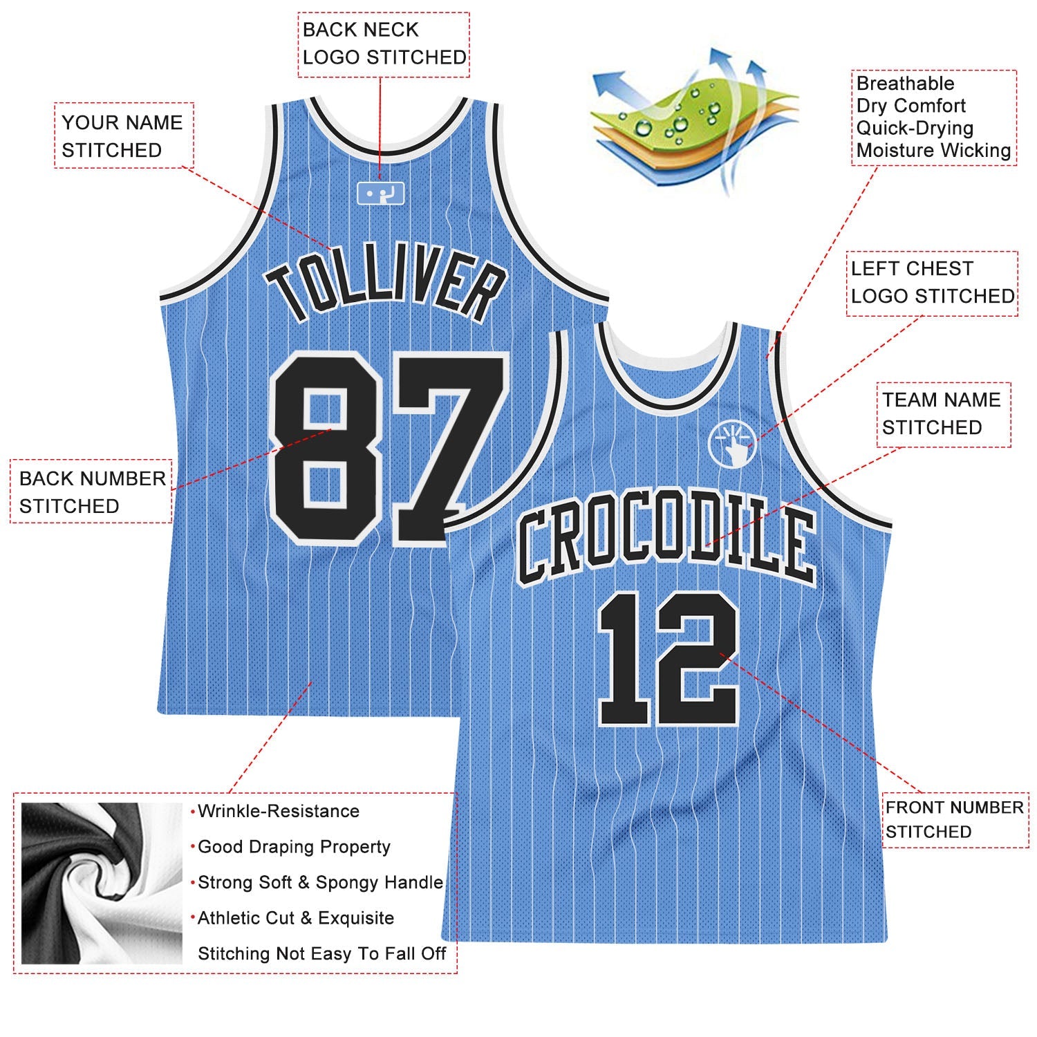 Custom Light Blue White Pinstripe Black Authentic Basketball Jersey  Discount – snapmade