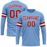 Custom Light Blue Red-White Long Sleeve Performance T-Shirt