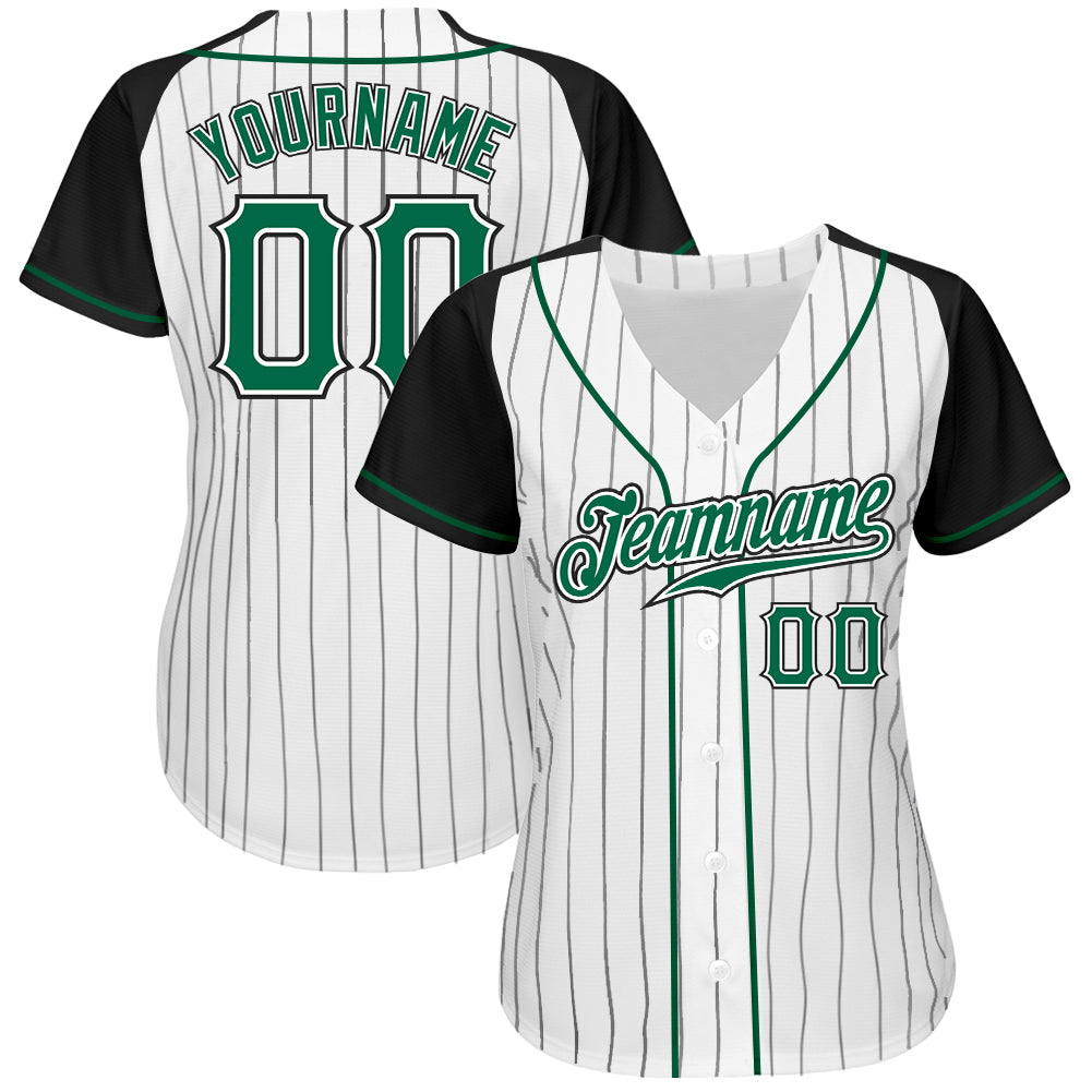 Custom Name Black White Pinstripe Kelly Green Black Raglan Sleeves