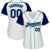 Custom White Navy Pinstripe Navy-Teal Authentic Raglan Sleeves Baseball Jersey