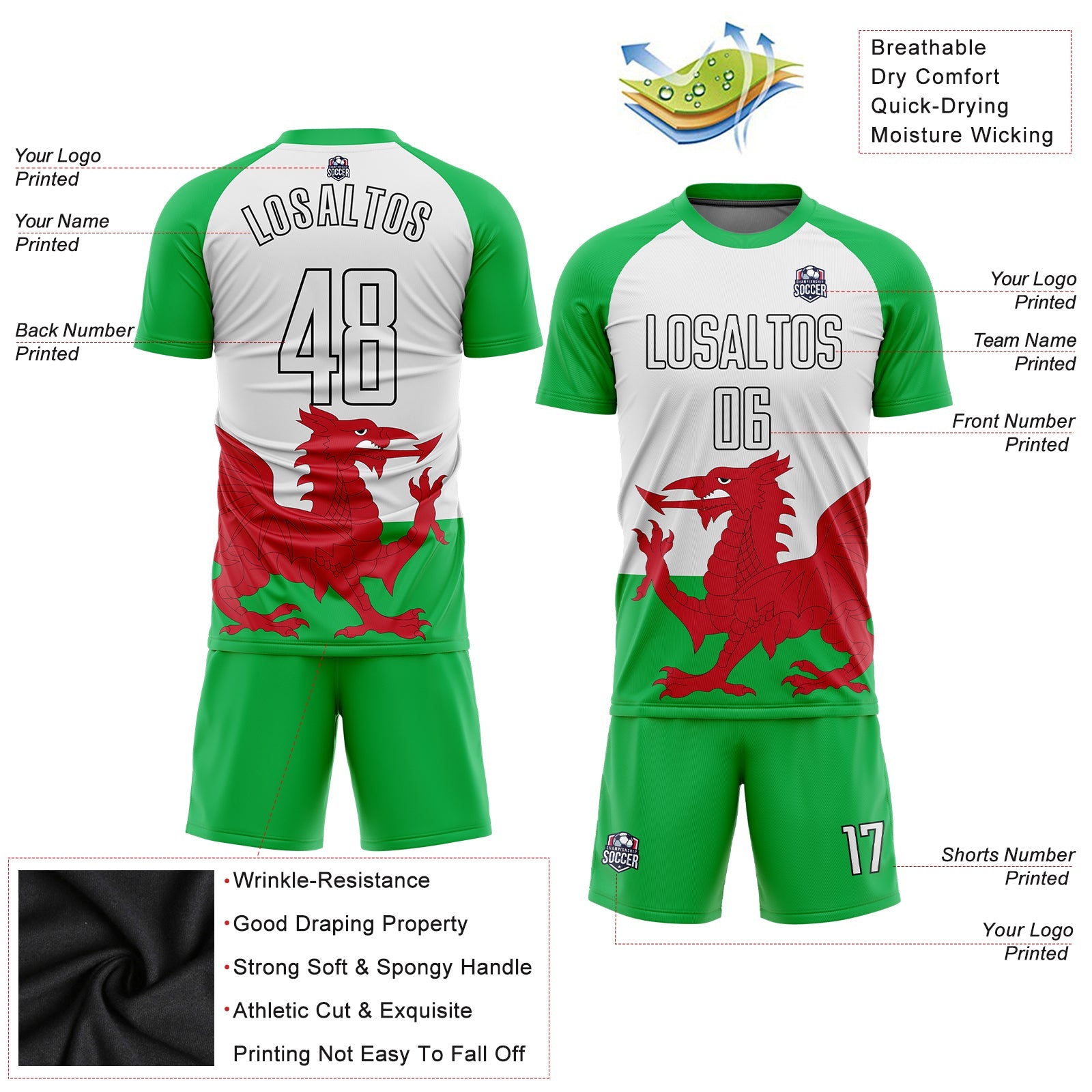 Cheap Custom Red Green-White Sublimation Soccer Uniform Jersey