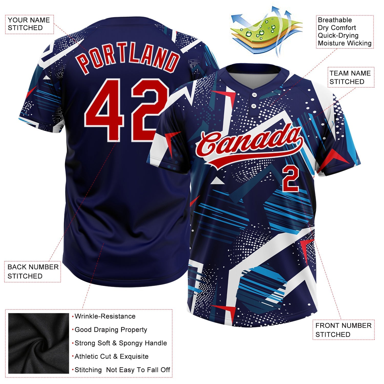 Custom White Navy-Red Two-Button Unisex Softball Jersey Discount