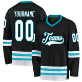 Custom Black White-Teal Hockey Jersey