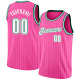 Custom Pink White Pinstripe White-Kelly Green Authentic Basketball Jersey