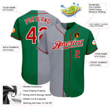 Custom Kelly Green Red-Gray Authentic Split Fashion Baseball Jersey