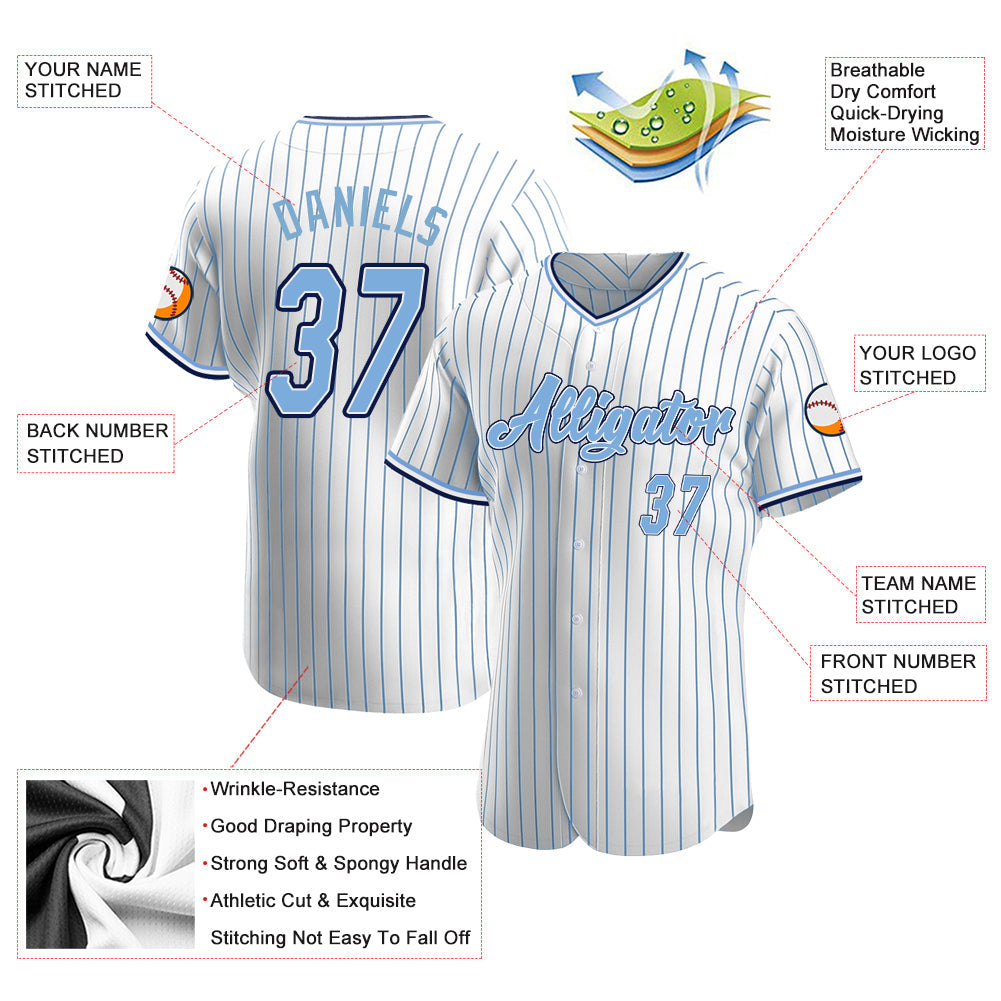 Custom Team Navy Baseball Light Blue Authentic White Light Blue Strip  Jersey Discount – snapmade