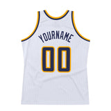 Custom White Navy-Gold Authentic Throwback Basketball Jersey